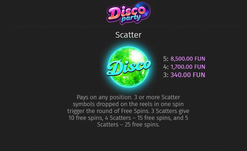 Disco Party slot game rules and scatter symbol